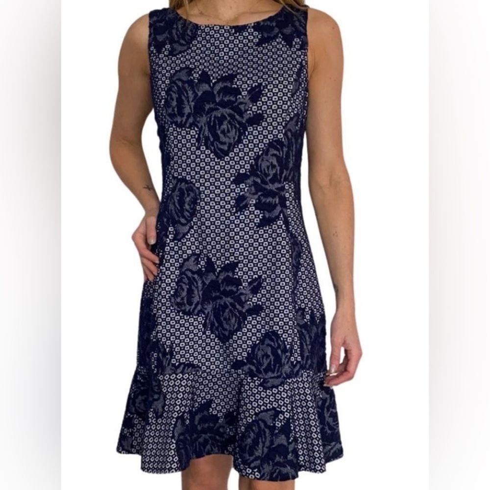 Betsey Johnson | Jacquard Flounce Dress Navy Floral Knee Length Women's Size 10